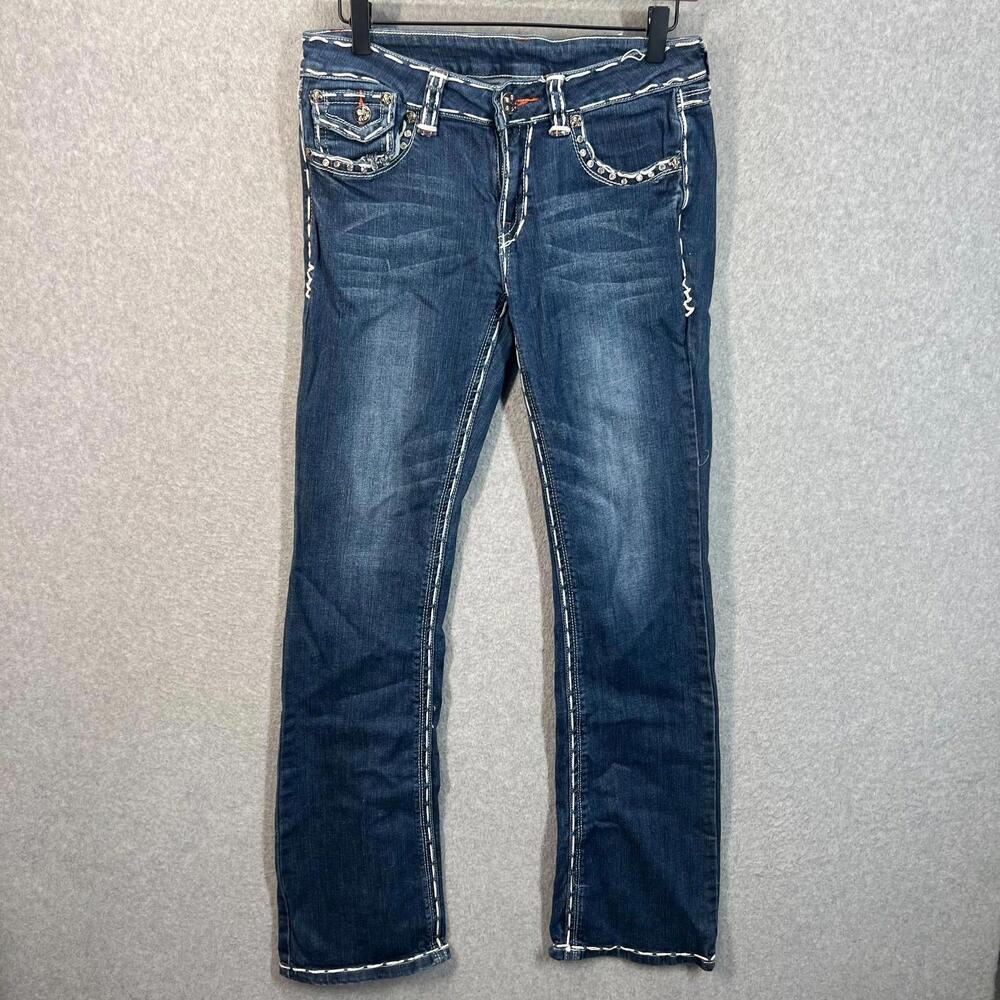 Miss Me Lowrise Signature Boot‎ Jeans  Size 29 Fleur de Lis Pockets Bling